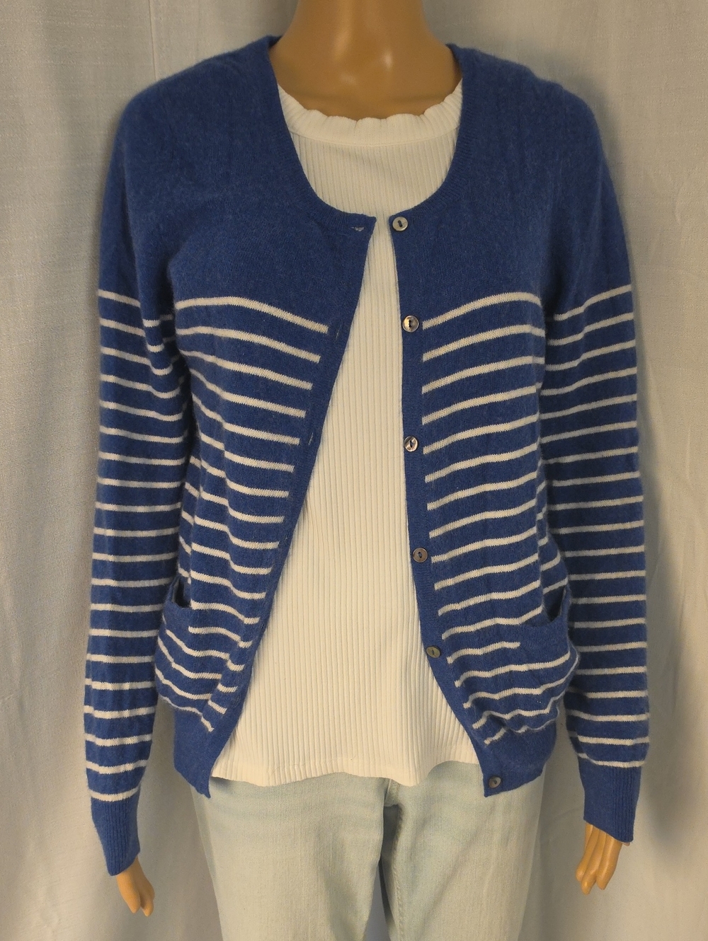 Lochmere Blue and White Striped 100% Cashmere Cardigan Sweater Size 12